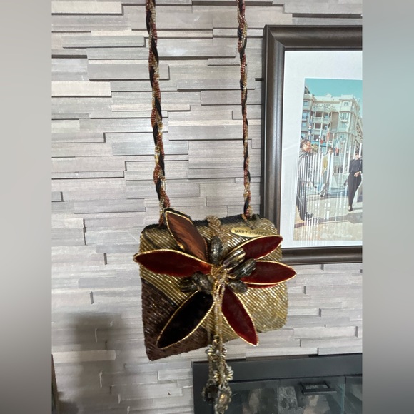 Mary Frances Handbags - Mary Frances Elegant Gold Burgundy Beaded Velvet Trim Dragonfly Crossbody Purse